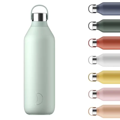 Image of Chilly&#039;s Series 2 Water Bottle Stainless Steel Thermal Bottles with Double Wall Vacuum, Soft Collar &amp; Carry Loop Lichen Green, 1000ml