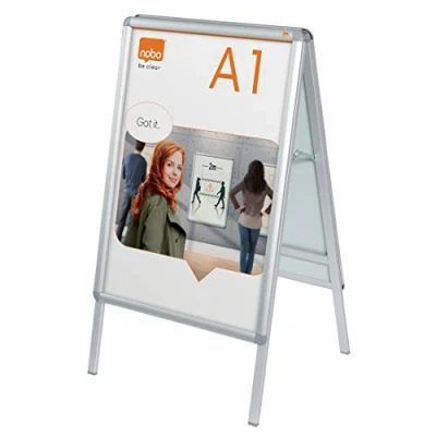 Image of Nobo A1 A Board Sign Holder With Snap Frame, Free Standing, Double Sided, Aluminium Trim, Anti Glare Protective Cover, Premium Plus, Silver, 1902206