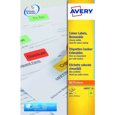 Image of Avery L6035 20 Yellow Removable Labels sheets 24 per sheet