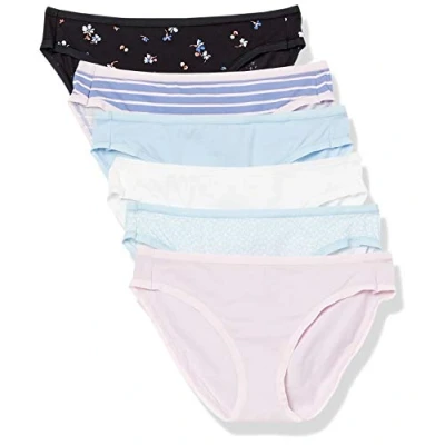 Image of Amazon Essentials Women&#039;s Cotton Bikini Brief Underwear (Available in Plus Size), Pack of 6, Black Floral/Blue/Ditsy Floral/Light Pink/Stripes/White, 12