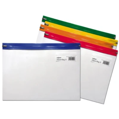 Image of Snopake A4 Zippa Bag ‘S’ Classic with Write On Label [Pack of 5] 325 x 235 mm Transparent/Assorted Zip Strips [Ref: 12796]