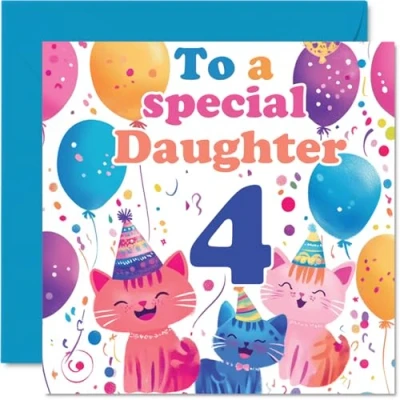 Image of 4th Daughter Birthday Card Cute Cats Special Happy for from Mum Dad, 145mm x Age 4 Four Greeting Cards