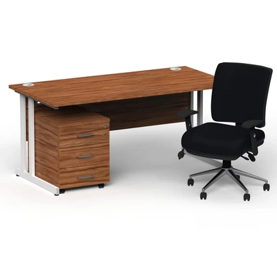 Image of Impulse 1800 White Cant Desk Walnut + 3 Dr Mobile Ped &amp; Chiro Black
