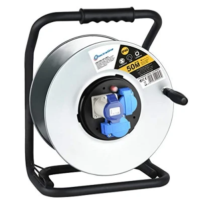 Image of Electraline 49057 Cable Reel Cordless Metal Rust Proof for Professional Use with 2 Schuko Sockets + 1 Industrial IEC. Eronomic Handle Rotary Knob