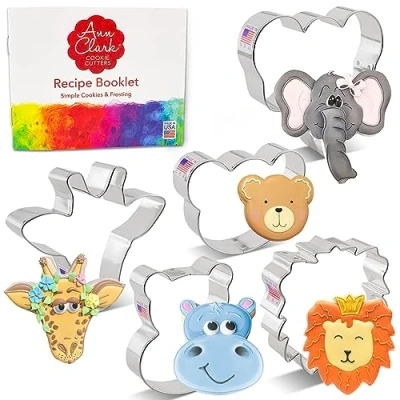 Image of Zoo Faces Cookie Cutters 5 Pc. Set Made in The USA by Ann Clark, Giraffe, Lion, Hippo, Elephant, and Bear