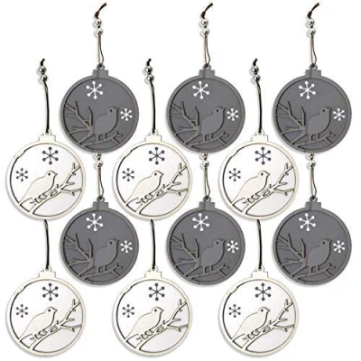 Image of by Robelli Shabby Chic Wooden Christmas Tree Hanging Pendant Baubles Decorations (12 x Grey &amp; White Silhouette Birds)