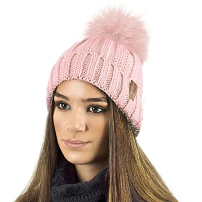 Image of TOSKATOK Ladies Womens Winter Rib Seed Stitch Beanie Bobble HAT with Warm Cosy Fleece Liner &amp; Large Faux Fur Pom Nude