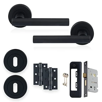 Image of XFORT Matt Black Liberty Lever On Rose Lock Pack, Complete Set with T Bar Door Handles, 65mm Sashlock, 75mm Ball Bearing Hinges and Escutcheons, for Wooden Doors Requiring Key Locking Security.