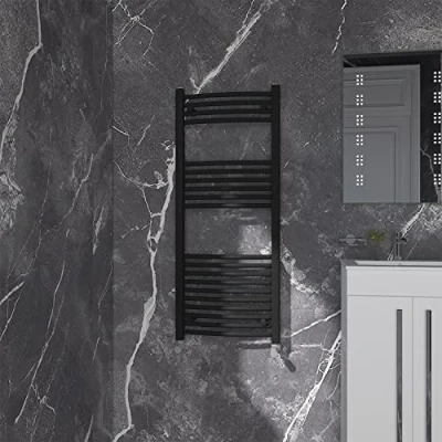 Image of NRG Black Curved Central Heating Towel Rail Bathroom Heated Rad Radiators Ladder Warmer 1200x500mm