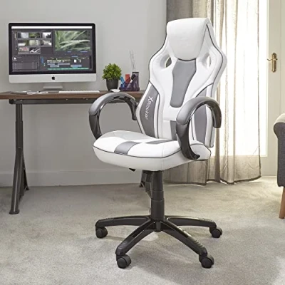 Image of X Rocker Maverick Gaming Chair, Ergonomic Racing Desk Chair with Armrest, Computer Swivel Back Support, Adjustable Height, Comfortable Lumbar Support Curve WHITE/GREY