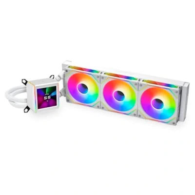 Image of Lian Li GA II LCD 360MM AIO Asetek 8th Gen 2.88 IPS Screen liquid cooler recording for videos and photos Pre installed daisy chained ARGB fans or UNI FAN SL INF (GA2ALCD36INW)
