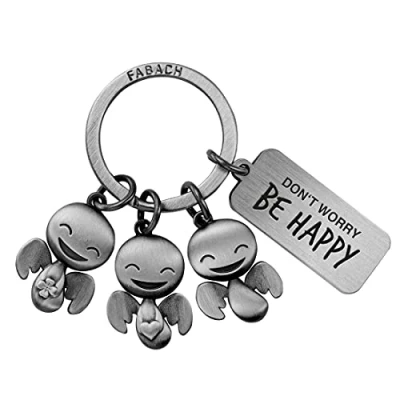 Image of FABACH Guardian Angel Keyring Happy Trio with Engraving Lucky Gift Charm Motivation Don&#039;t Worry be Happy, Antique silver, One Size