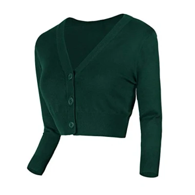 Image of Urban GoCo Women&#039;s 3/4 Sleeve Knitted Cropped Cardigan (S, Dark Green)