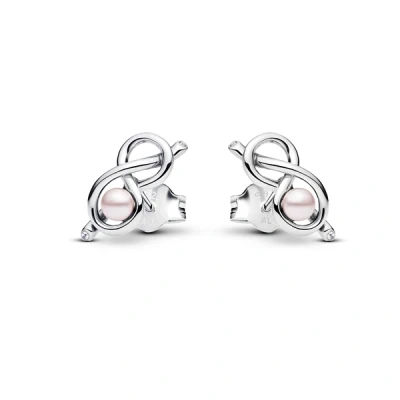 Image of Pandora Silver Infinity Knot Pink Pearl Stud Earrings