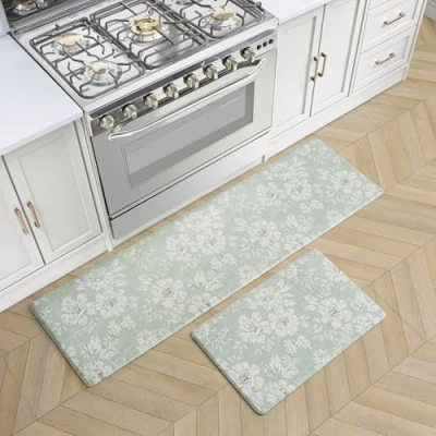 Image of Laura Ashley Anti Fatigue Kitchen Mat, Iris Floral Design, Stain, Water &amp; Fade Resistant, Cooking Standing Relief, Non Slip Backing, 2 Piece Set: 17.5&quot; x 60&quot; / 28&quot; Navy