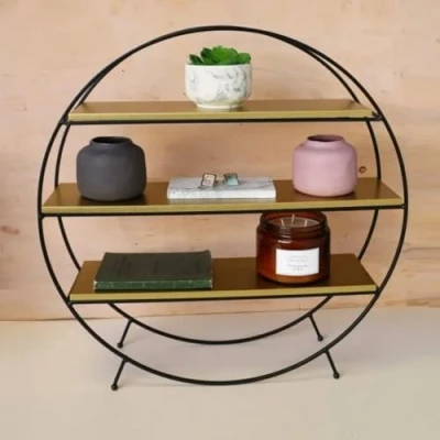 Image of HomeZone Black Wire &amp; Wood Shelving Unit with 3 Shelves Freestanding Shelf Modern Home Decor Contemporary Industrial Retro Style Livingroom Office Storage Display