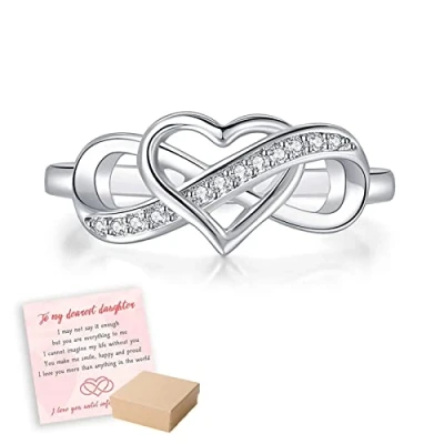 Image of OVNMFH To My Dearest Daughter, Infinite Love Ring &#039;&#039;I You until Infinity Runs Out&#039;&#039; S925 Zircon Cutout Heart Ring, Jewelry Gifts for Women and Girls (Silver,9)