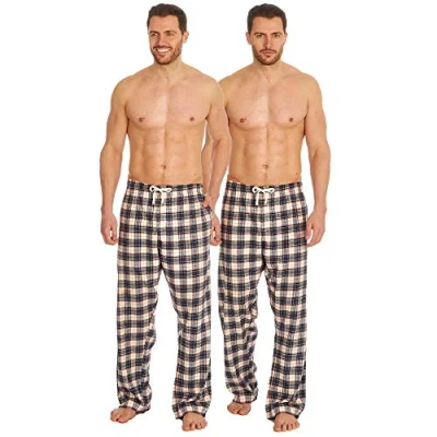 Image of 2 Pack Mens Pyjama Bottoms Pajama Pants Lounge PJ Trousers Loungewear Cotton Beige S