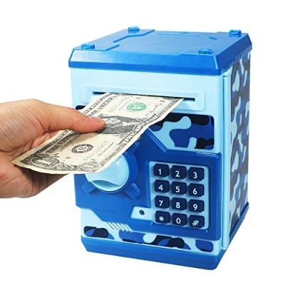 Image of HUSAN Electronic Piggy Bank Code Lock for Kids Baby Toy, Mini ATM Safe Coin Cash Banks Real Money Saving Box with Password, Auto Scroll Children,Boys Girls Birthday Gift (Camouflage blue)