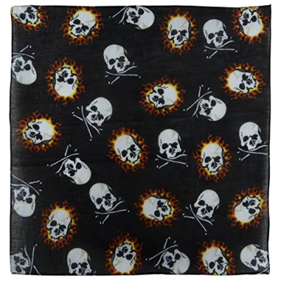Image of Black Fire Skull And &amp; Crossbones Bandana Bandanna Bikers Scarf