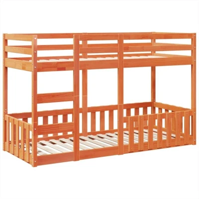 Image of vidaXL Bunk Bed Loft Kids Frame in Solid Pine Wood Wax Brown 195.5x80.5x124 cm with Guardrails and Built Ladder Perfect for Sleepovers &amp; Families