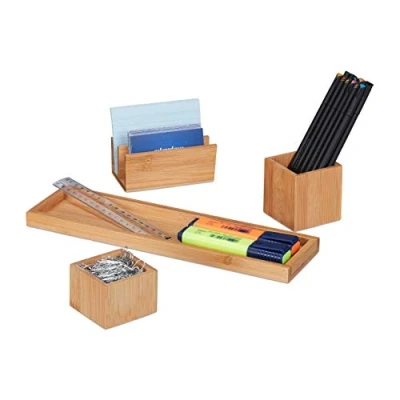 Image of Relaxdays Desk Organiser, Stationery Set of 4, Pen Holder, Letter Rack, Utensil Tray, Bamboo, Natural