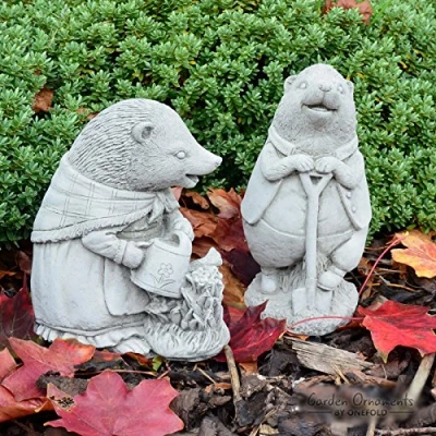Image of ONEFOLD Stone Beatrix Potter Mrs and Mr Tiggy Winkle Set of 2 Ornament Outdoor Garden Sculpture Statue