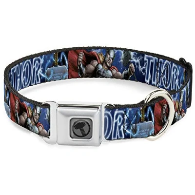 Image of Dog Collar Seatbelt Buckle Avengers Thor Hammer Action Pose Galaxy Blues White 15 to 26 Inches 1.0 Inch Wide, DC WTH023 L