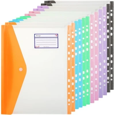 Image of ASelected 12Pcs A4 Plastic Wallets, Punched Pockets Document Folder Popper 11 Hole Binder Files with for School, Office, Home, Travel 6 Colors