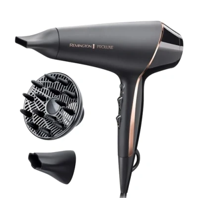 Image of Remington PROluxe Midnight Hair Dryer (OPTIheat Technology for Long Lasting Results, Ionic Conditioning Frizz Free Hair, Diffuser, 2 Concentrators, Powerful, Professional, 2400W, Black) AC9140B