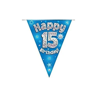 Image of Party Bunting Happy 15th Birthday Blue Holographic 11 flags 3.9m