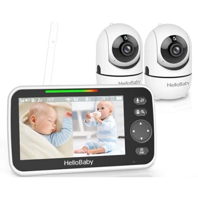 Image of HelloBaby Baby Monitor with 2 Cameras and Night Vision, 5&#039;&#039; Split Screen 26 Hour Battery, Pan Tilt Zoom Video Monitors, No WiFi, ECO, Way Audio, 8 Lullabies, 1000ft Range