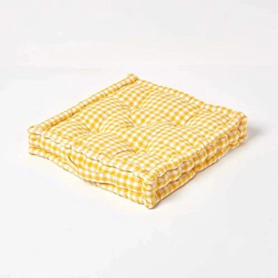 Image of HOMESCAPES Yellow &amp; White GINGHAM Check Floor Cushion 100% Cotton 50 x 10 cm Square Indoor Garden Dining chair booster Seat Pad