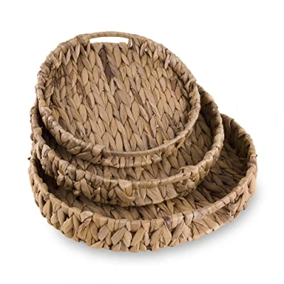 Image of Eden &amp; Willow E&amp;W Round Water Hyacinth, Decorative Natural Hand Woven Seagrass Serving Tray with Handles (Medium)
