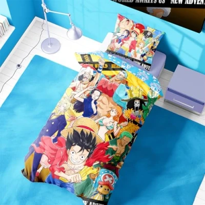 Image of Halantex One Piece Single Reversible Duvet Set 135 x 200 cm with Pillowcase Featuring Luffy and the Straw Hat Crew for Anime Fans, Machine Washable
