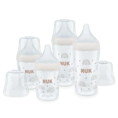 Image of NUK Perfect Match Baby Bottles Set 3+ Months Adapts to Baby&#039;s Palate Temperature Control Anti Colic Vent 150 ml &amp; 260 BPA Free Silicone Teats Rainbow 4 Count
