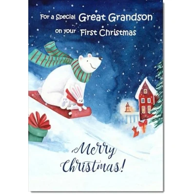 Image of doodlecards Great Grandsons First Christmas Card Bear on Sled Medium Size with Plain Envelope