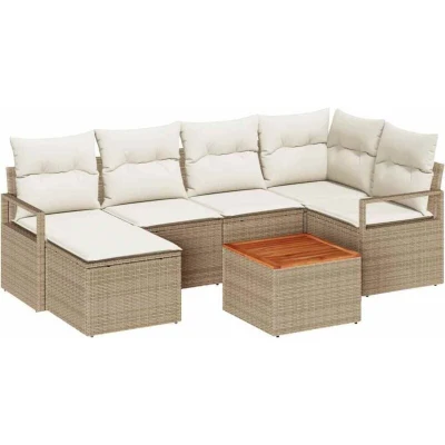 Image of vidaXL 7 Piece Garden Sofa Set with Cushions Beige Poly Rattan Acacia