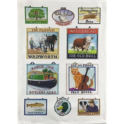 Image of Half a Donkey Hand Drawn British Country Pubs Signs Large Cotton Tea Towel