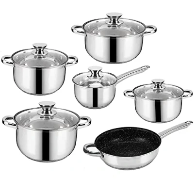 Image of 12pc Cookware Set, Deluxe Quality Stainless Steel, Casserole, Stock Pot, Saucepan, Fry Pan with Marble Coating Induction Safe Oven Dishwasher 5 Layer Capsule Bottom