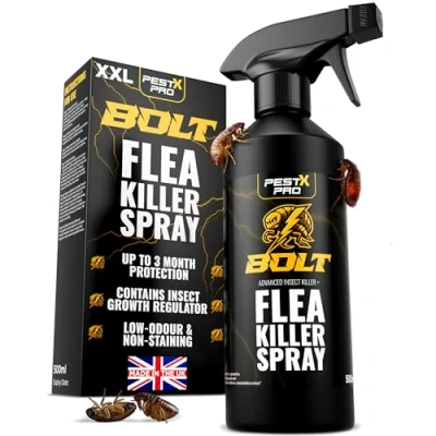 Image of Pest X Pro Bolt Flea Killer Spray 500ml Fast Acting Permethrin Formula for The Home, Carpets, Furniture Non Staining Low Odour Strong Household Treatment and Control