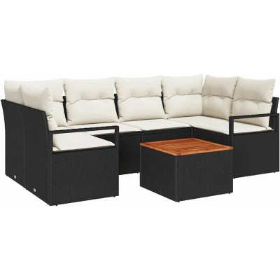 Image of vidaXL 7 Piece Garden Sofa Set with Cushions Black Poly Rattan Acacia