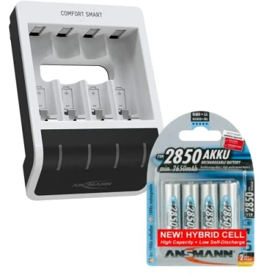 Image of Ansmann Comfort Smart AA &amp; AAA Battery Charger with 4 x 2850mAh Batteries Quick Charging Rapid Capacity Testing Incl 1m USB Cable 3 Yr Warranty, White (1001 0092 02)