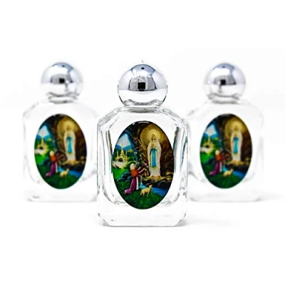 Image of Catholic Gift Shop 3 GLASS Lourdes Water BOTTLES FILLED with Blessed Holy &amp; Prayer Card