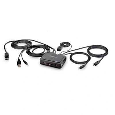 Image of StarTech.com 2 Port Hybrid USB C DisplayPort Cable KVM Switch, 4K 60Hz, Compact with 6ft/1.8m A/DP/Audio &amp; 4ft/1.2m Integrated Cables, Bus Powered, Hotkey Switching (C2 D46 UAC CBL KVM)