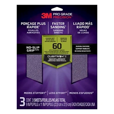 Image of 3M Pro Grade Precision Faster Sanding Sheets 60 grit Coarse, 26060TRI 3, 22.8 cm x 27.9 cm, 3/Pack