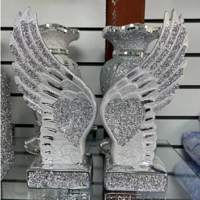 Image of DEENZ Silver Crushed Diamond Sparkly Pair Wings Angel Decoration Shelf Sitter Bling Home Decor Ornament (Silver)