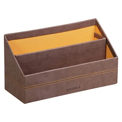 Image of RHODIA 318843C Chocolate Letter Holder 25x10x14 cm Orange Saddle Stitching Faux Leather Exterior Rhodiarama Home Office Collection Organization &amp; Designer Storage