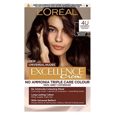 Image of L’Oréal Excellence Permanent Hair Dye Colouring Cream, 100% Grey Coverage, With Pro Keratin + Ammonia Free, Universal Nudes, 4U Brown