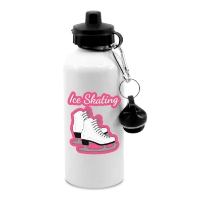 Image of Pink and white text ice skating with boots water bottle clip, drinks bottle, cup, water, hydrate, skate, skater